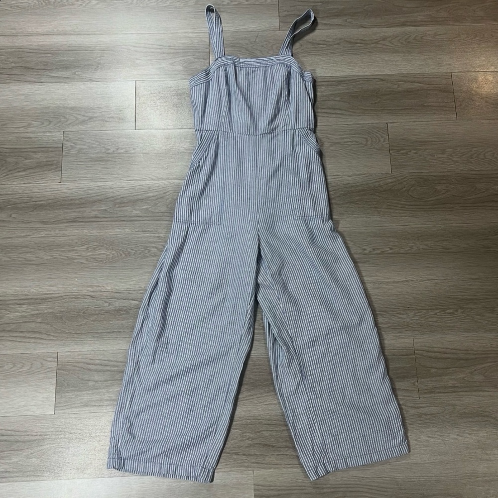 Old Navy Linen Blend Cropped Length Train Conductor Striped Jumpsuit Size M